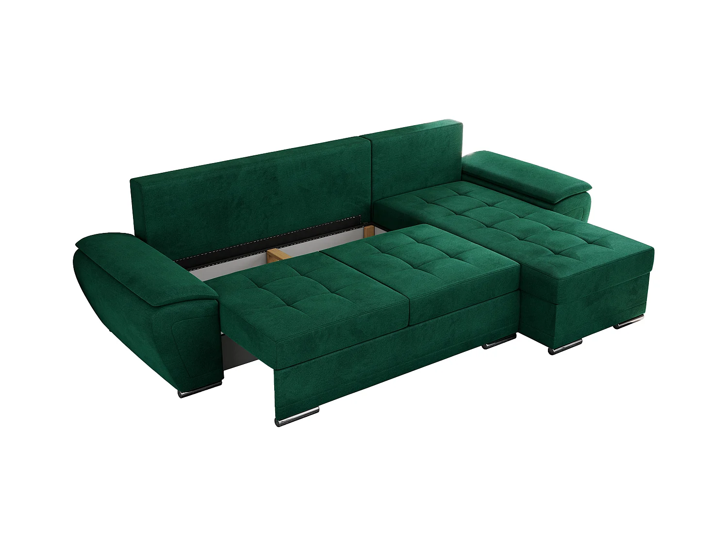 Ecksofa UMBRIA - universell L-form Couch, Schlaffunktion und Bettkasten, gesteppte Ecke - Dunkelgrün Velvet