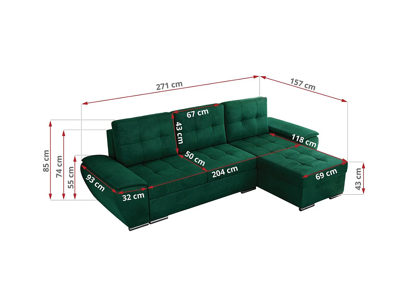 Ecksofa UMBRIA - universell L-form Couch, Schlaffunktion und Bettkasten, gesteppte Ecke - Dunkelgrün Velvet