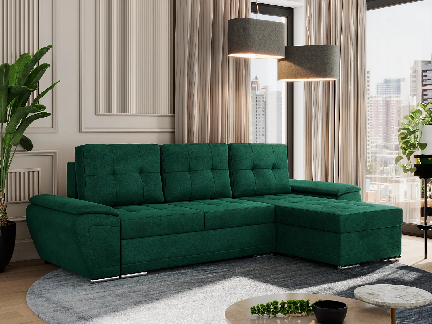 Ecksofa UMBRIA - universell L-form Couch, Schlaffunktion und Bettkasten, gesteppte Ecke - Dunkelgrün Velvet