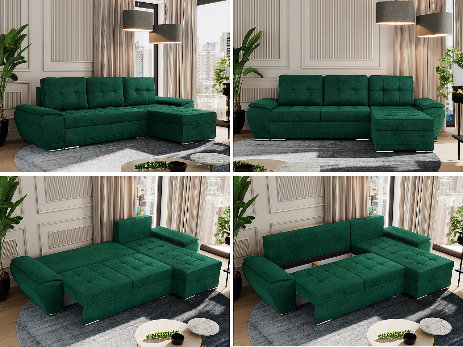 Ecksofa UMBRIA - universell L-form Couch, Schlaffunktion und Bettkasten, gesteppte Ecke - Dunkelgrün Velvet