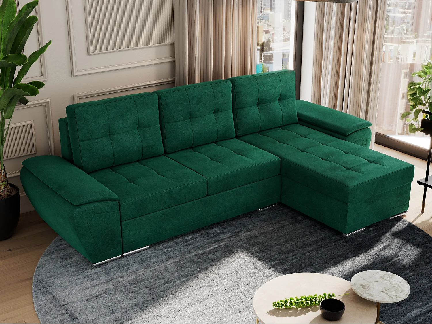 Ecksofa UMBRIA - universell L-form Couch, Schlaffunktion und Bettkasten, gesteppte Ecke - Dunkelgrün Velvet