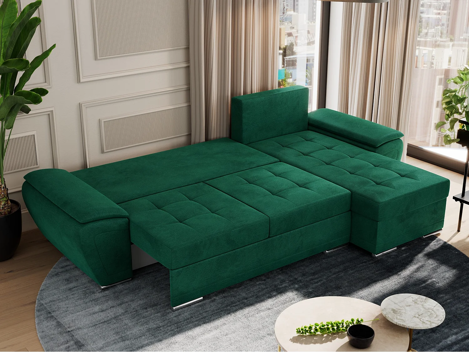 Ecksofa UMBRIA - universell L-form Couch, Schlaffunktion und Bettkasten, gesteppte Ecke - Dunkelgrün Velvet