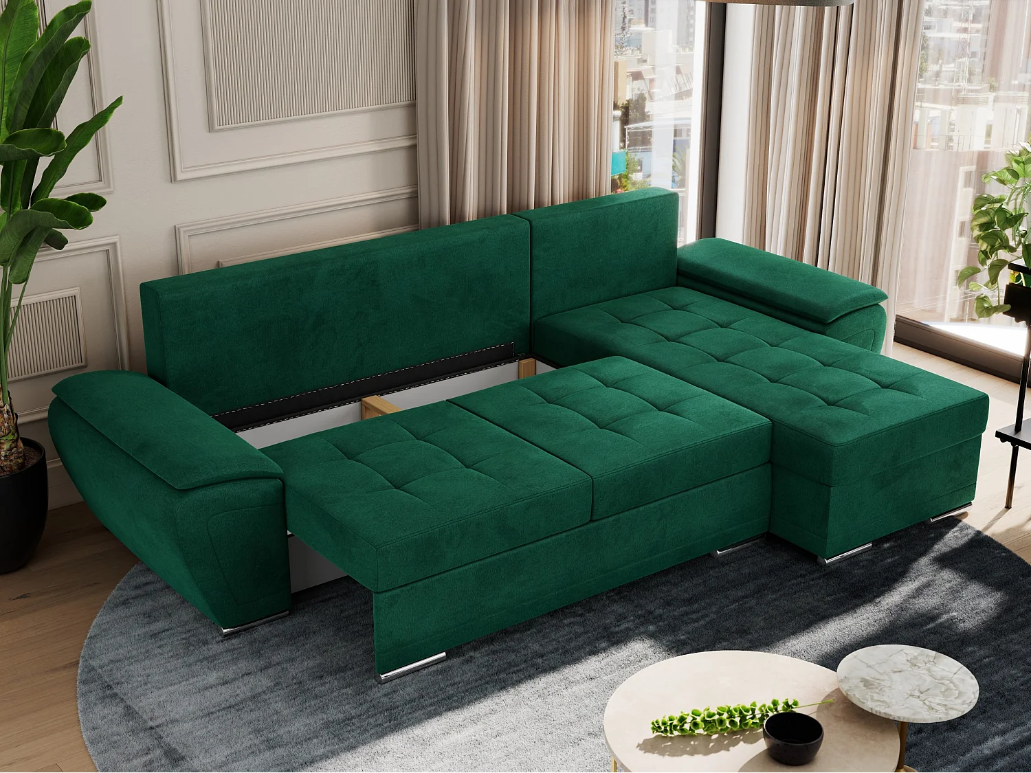 Ecksofa UMBRIA - universell L-form Couch, Schlaffunktion und Bettkasten, gesteppte Ecke - Dunkelgrün Velvet