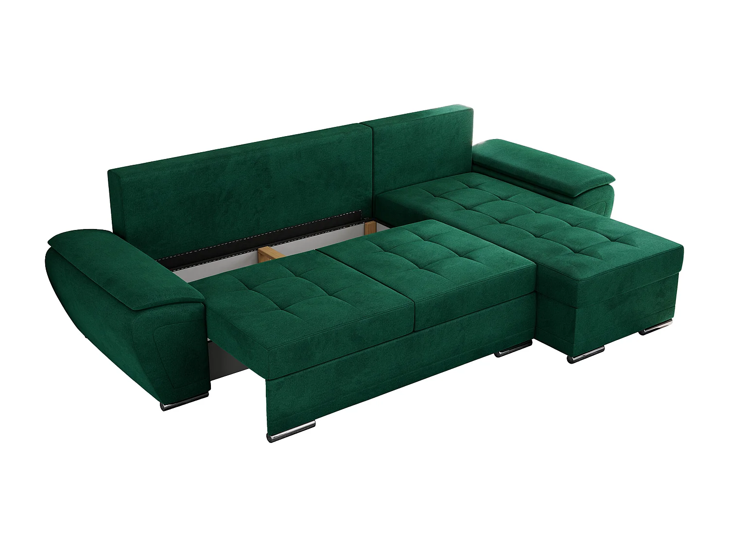 Ecksofa UMBRIA - universell L-form Couch, Schlaffunktion und Bettkasten, gesteppte Ecke - Dunkelgrün Velvet