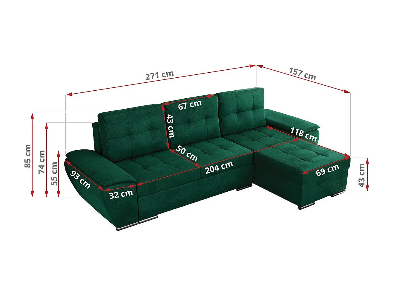 Ecksofa UMBRIA - universell L-form Couch, Schlaffunktion und Bettkasten, gesteppte Ecke - Dunkelgrün Velvet