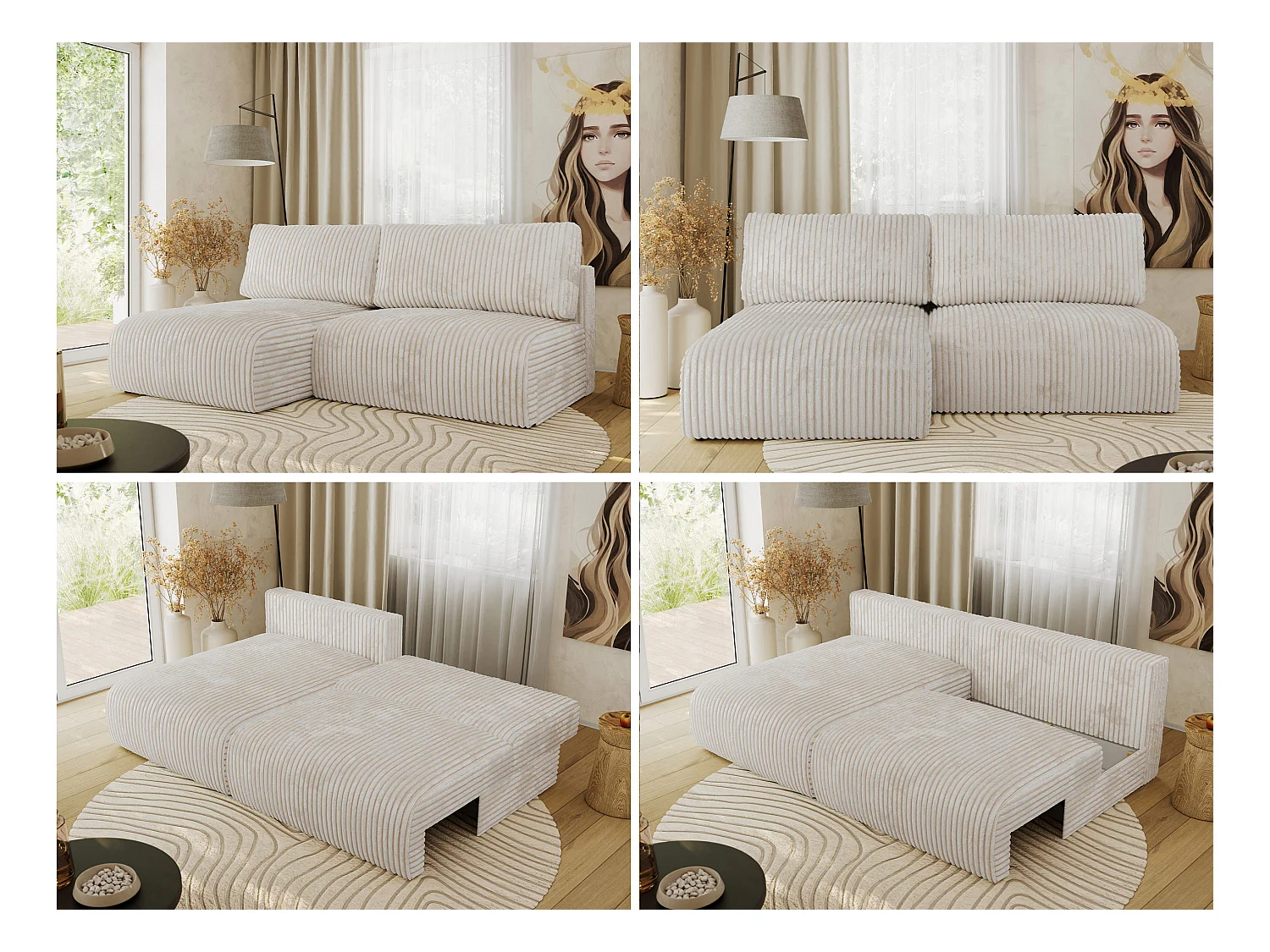 Ecksofa VIVO - L-form Couch mit Schlaffunktion und Bettkasten, Wellenfeder - Creme Cord - Ecke Links