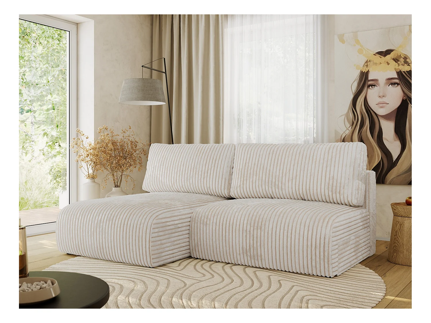 Ecksofa VIVO - L-form Couch mit Schlaffunktion und Bettkasten, Wellenfeder - Creme Cord - Ecke Links