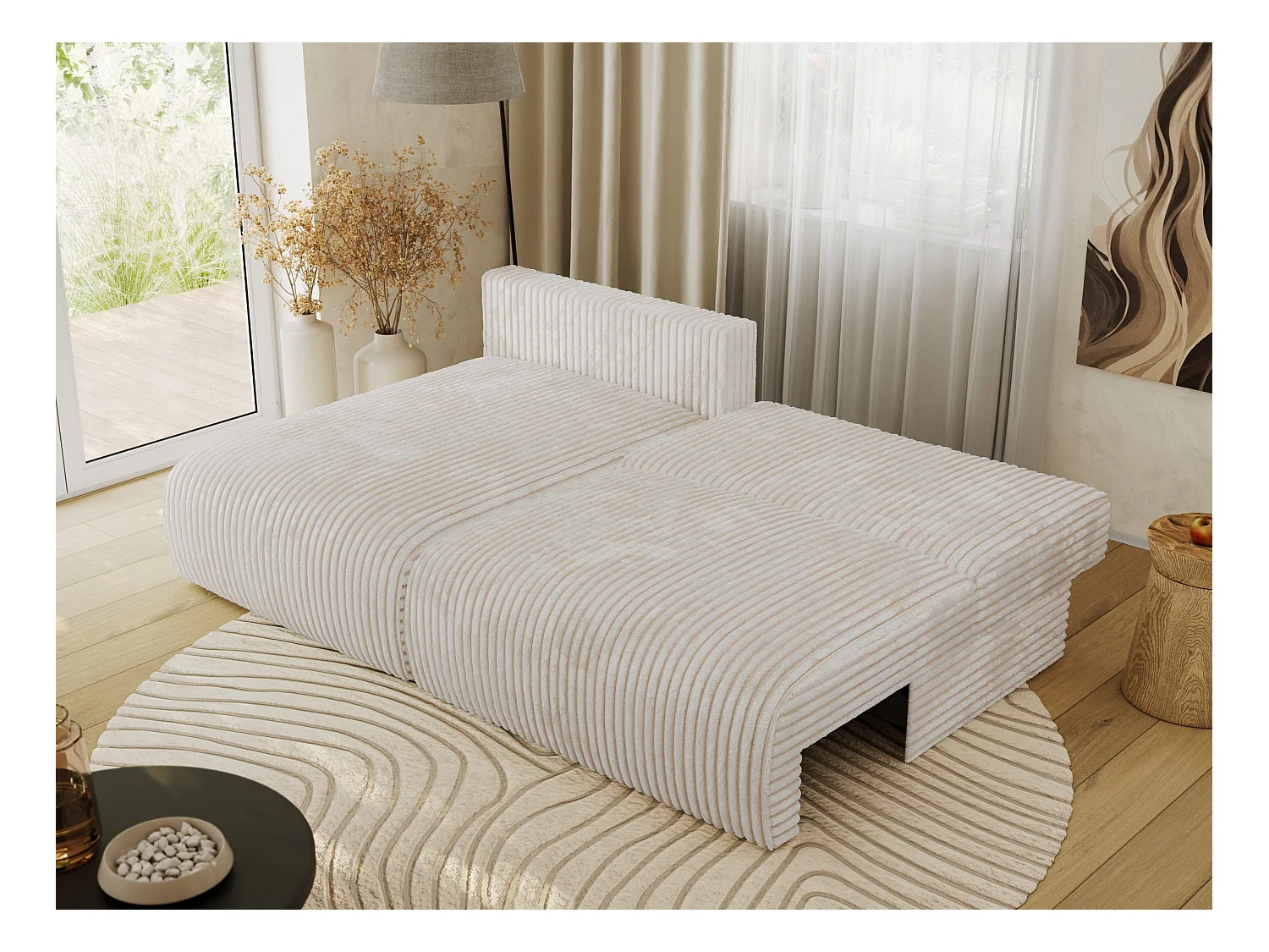 Ecksofa VIVO - L-form Couch mit Schlaffunktion und Bettkasten, Wellenfeder - Creme Cord - Ecke Links
