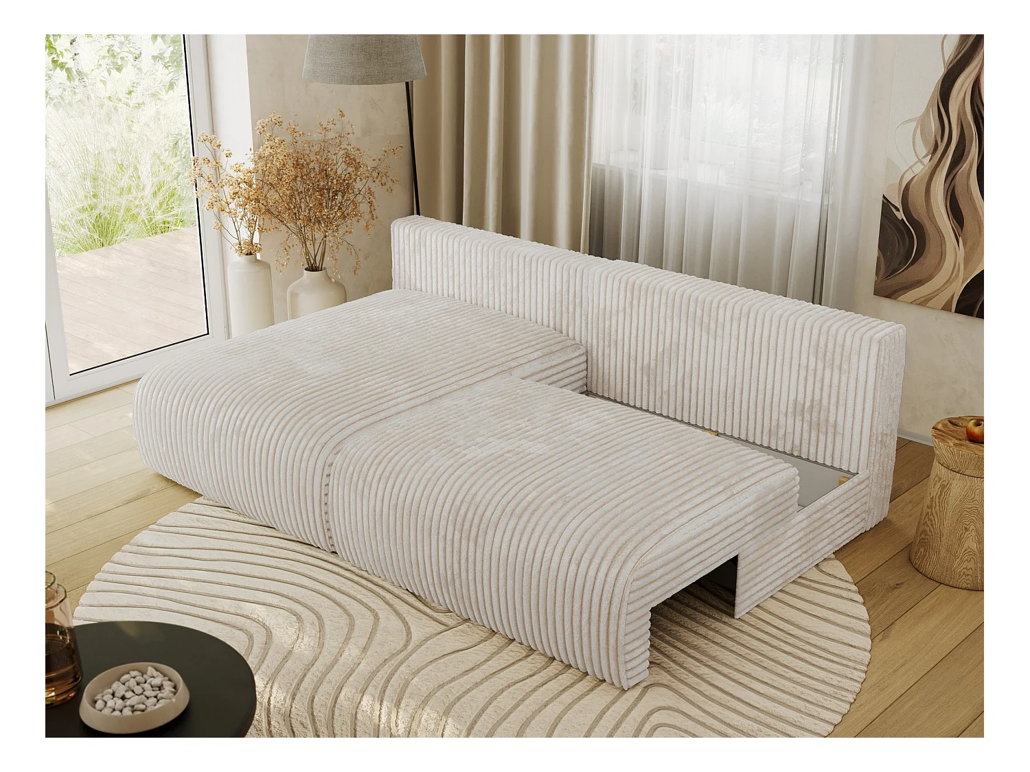 Ecksofa VIVO - L-form Couch mit Schlaffunktion und Bettkasten, Wellenfeder - Creme Cord - Ecke Links