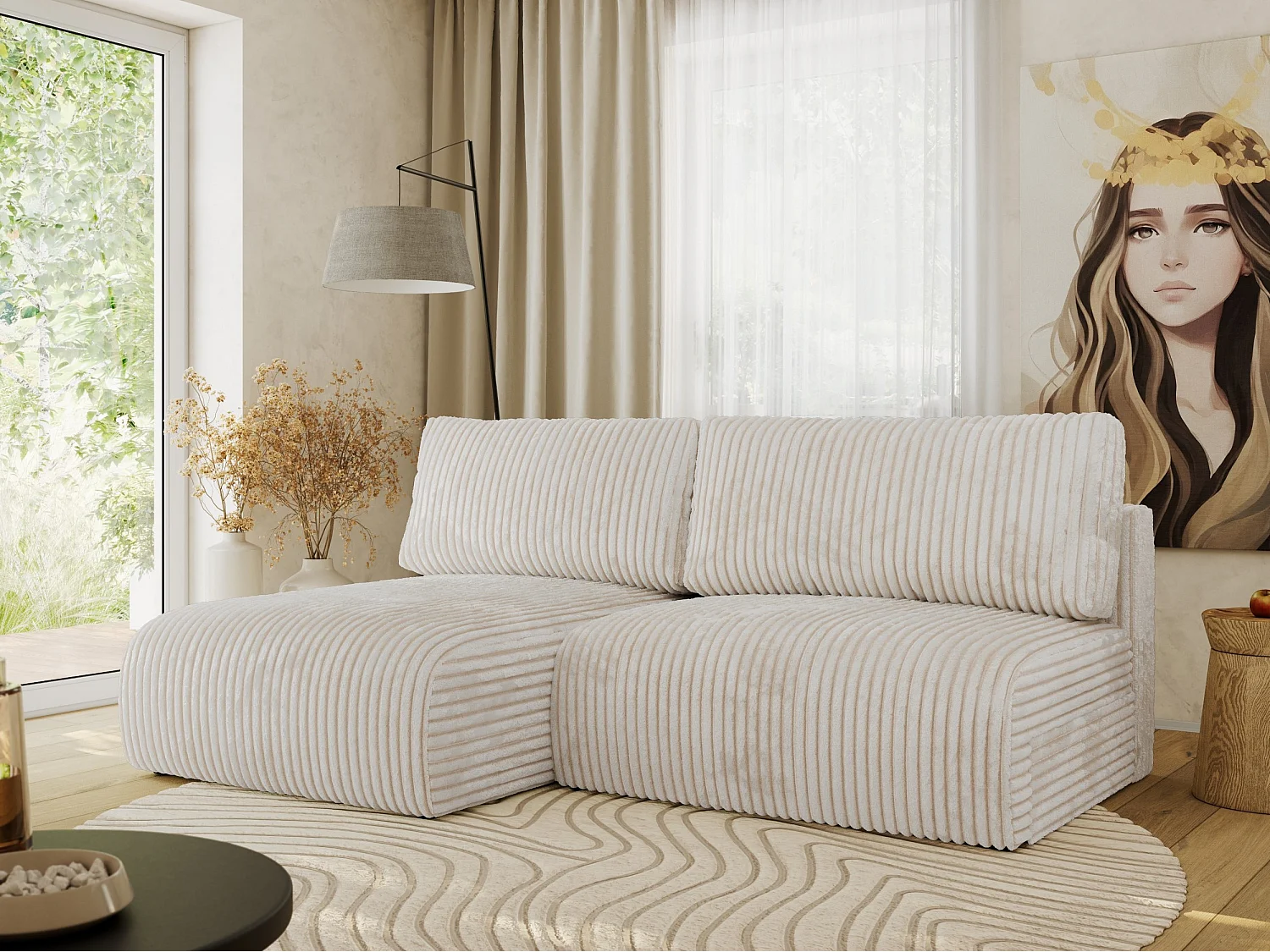 Ecksofa VIVO - L-form Couch mit Schlaffunktion und Bettkasten, Wellenfeder - Creme Cord - Ecke Links