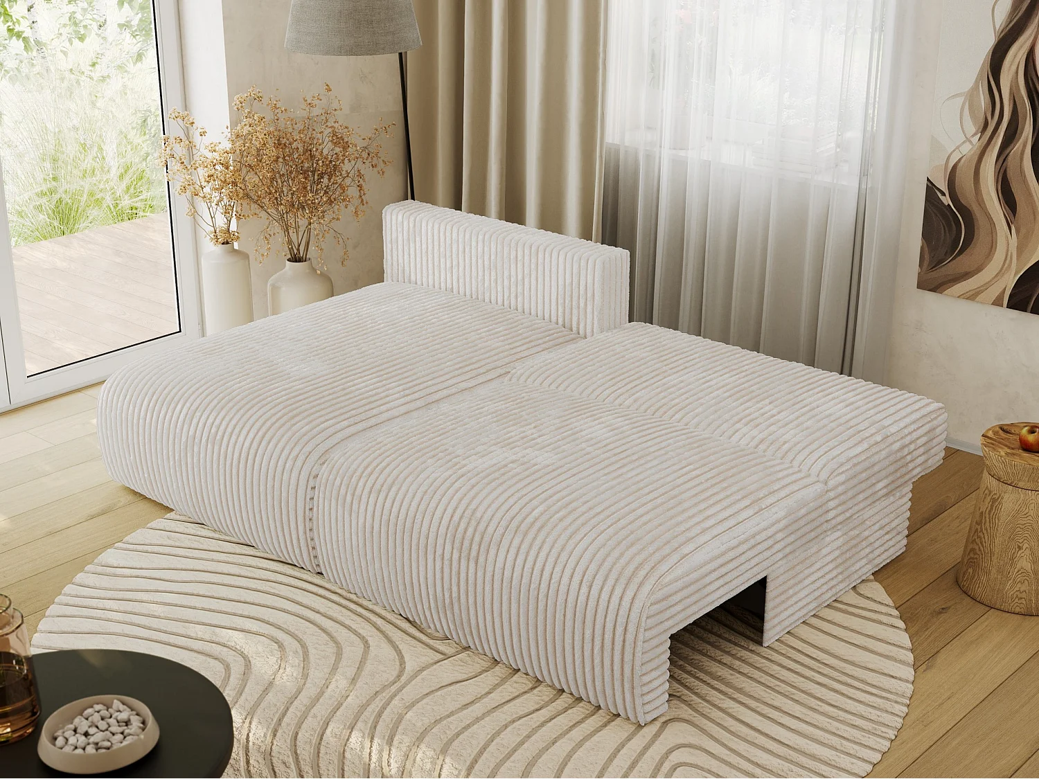 Ecksofa VIVO - L-form Couch mit Schlaffunktion und Bettkasten, Wellenfeder - Creme Cord - Ecke Links