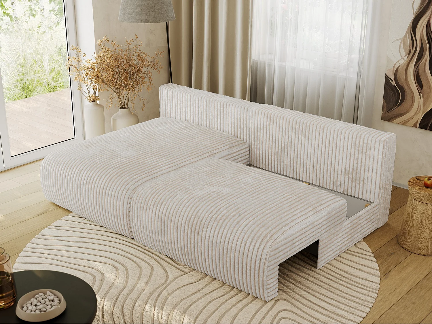 Ecksofa VIVO - L-form Couch mit Schlaffunktion und Bettkasten, Wellenfeder - Creme Cord - Ecke Links