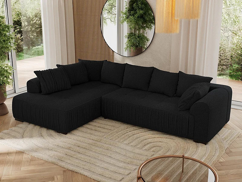 Ecksofa ORTA - Schlaffunktion und Bettkasten, lose Kissen, gesteppter Sitz, L-förmige Ecke - Schwarz Boucle - Ecke Links