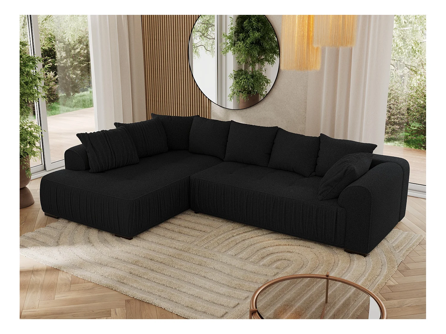 Ecksofa ORTA - Schlaffunktion und Bettkasten, lose Kissen, gesteppter Sitz, L-förmige Ecke - Schwarz Boucle - Ecke Links