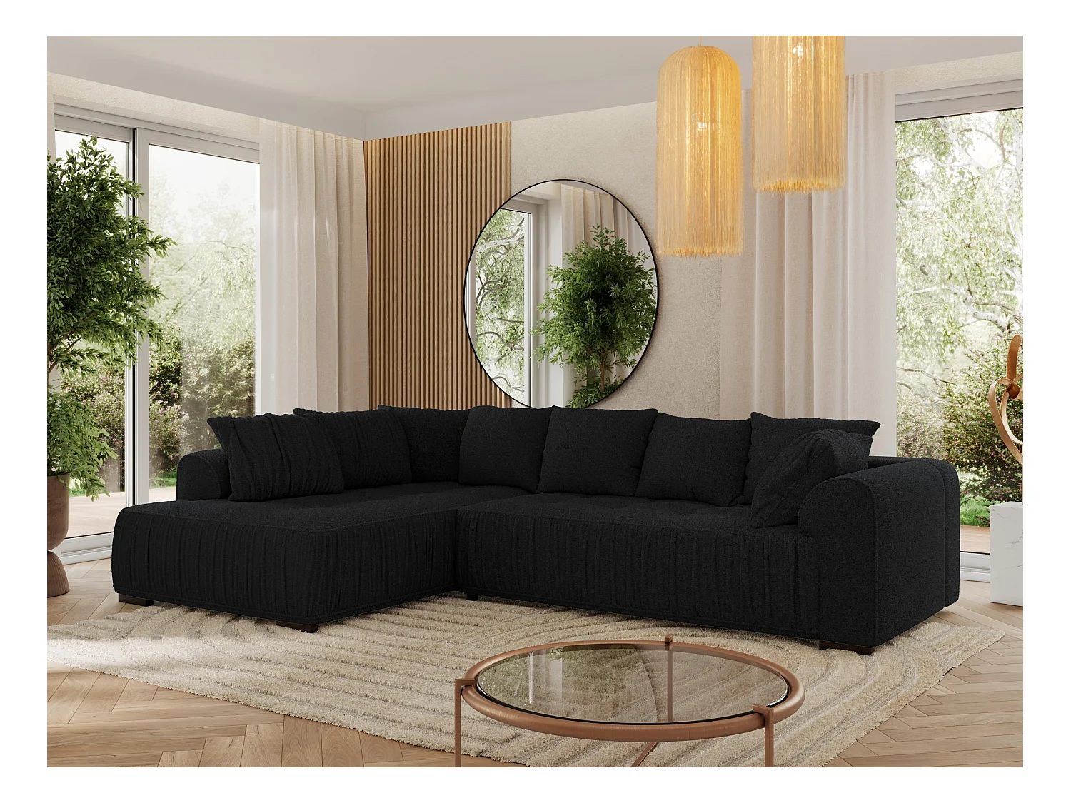 Ecksofa ORTA - Schlaffunktion und Bettkasten, lose Kissen, gesteppter Sitz, L-förmige Ecke - Schwarz Boucle - Ecke Links