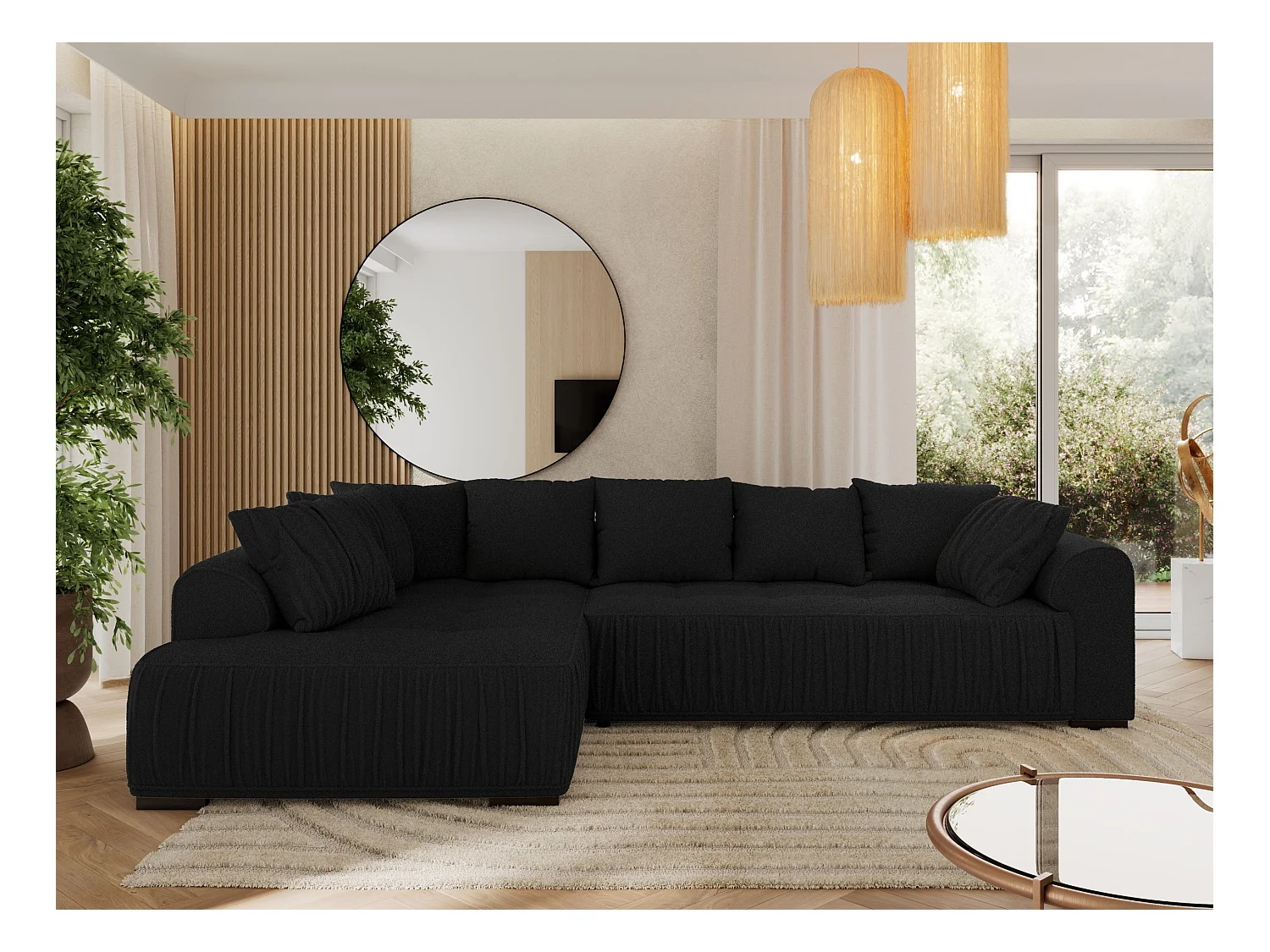 Ecksofa ORTA - Schlaffunktion und Bettkasten, lose Kissen, gesteppter Sitz, L-förmige Ecke - Schwarz Boucle - Ecke Links