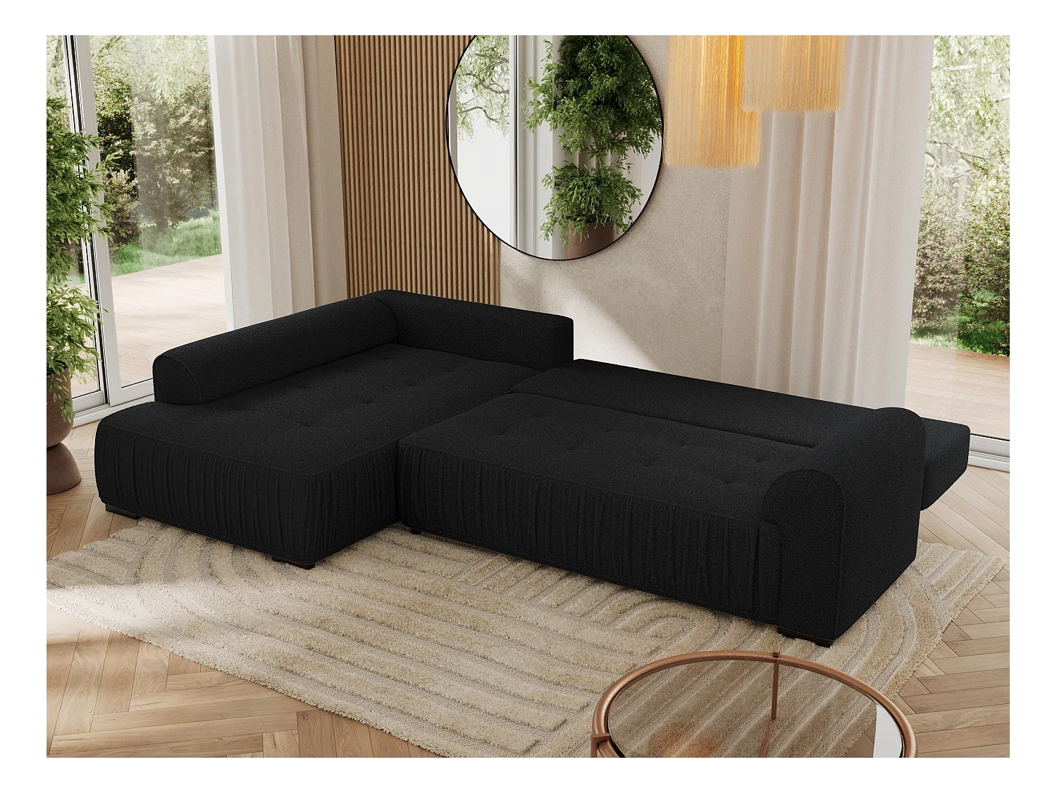 Ecksofa ORTA - Schlaffunktion und Bettkasten, lose Kissen, gesteppter Sitz, L-förmige Ecke - Schwarz Boucle - Ecke Links