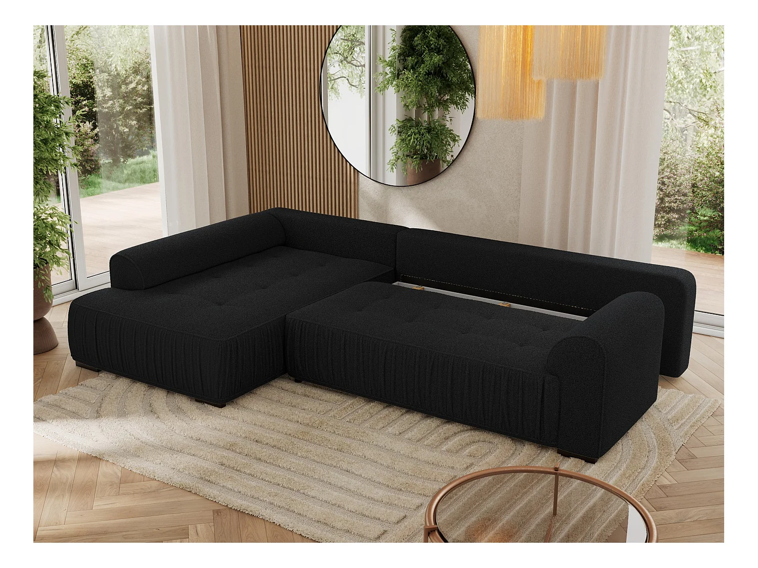 Ecksofa ORTA - Schlaffunktion und Bettkasten, lose Kissen, gesteppter Sitz, L-förmige Ecke - Schwarz Boucle - Ecke Links