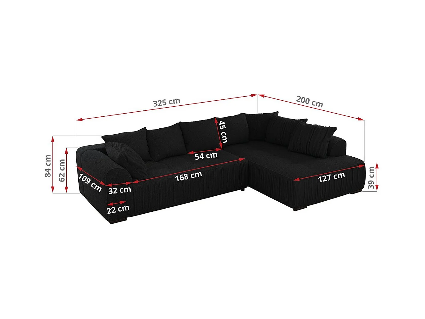 Ecksofa ORTA - Schlaffunktion und Bettkasten, lose Kissen, gesteppter Sitz, L-förmige Ecke - Schwarz Boucle - Ecke Links