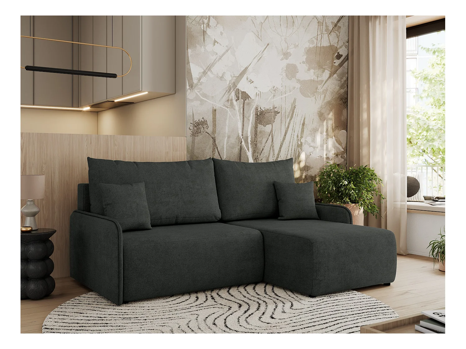 Ecksofa ARPA - L-form Schlaffsofa, Bettkasten und lose Kissen, Armlehnen - Dunkelgrau Struktur - Ecke Rechts