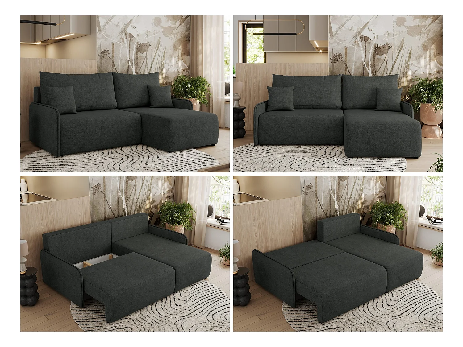 Ecksofa ARPA - L-form Schlaffsofa, Bettkasten und lose Kissen, Armlehnen - Dunkelgrau Struktur - Ecke Rechts