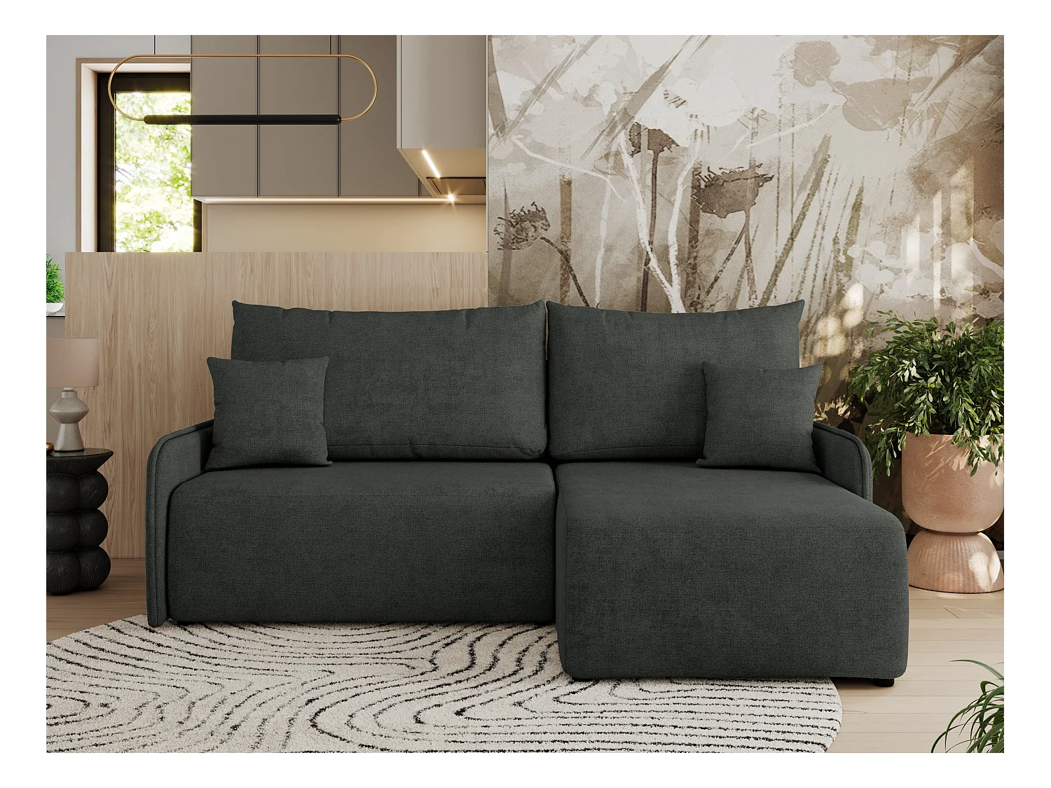 Ecksofa ARPA - L-form Schlaffsofa, Bettkasten und lose Kissen, Armlehnen - Dunkelgrau Struktur - Ecke Rechts