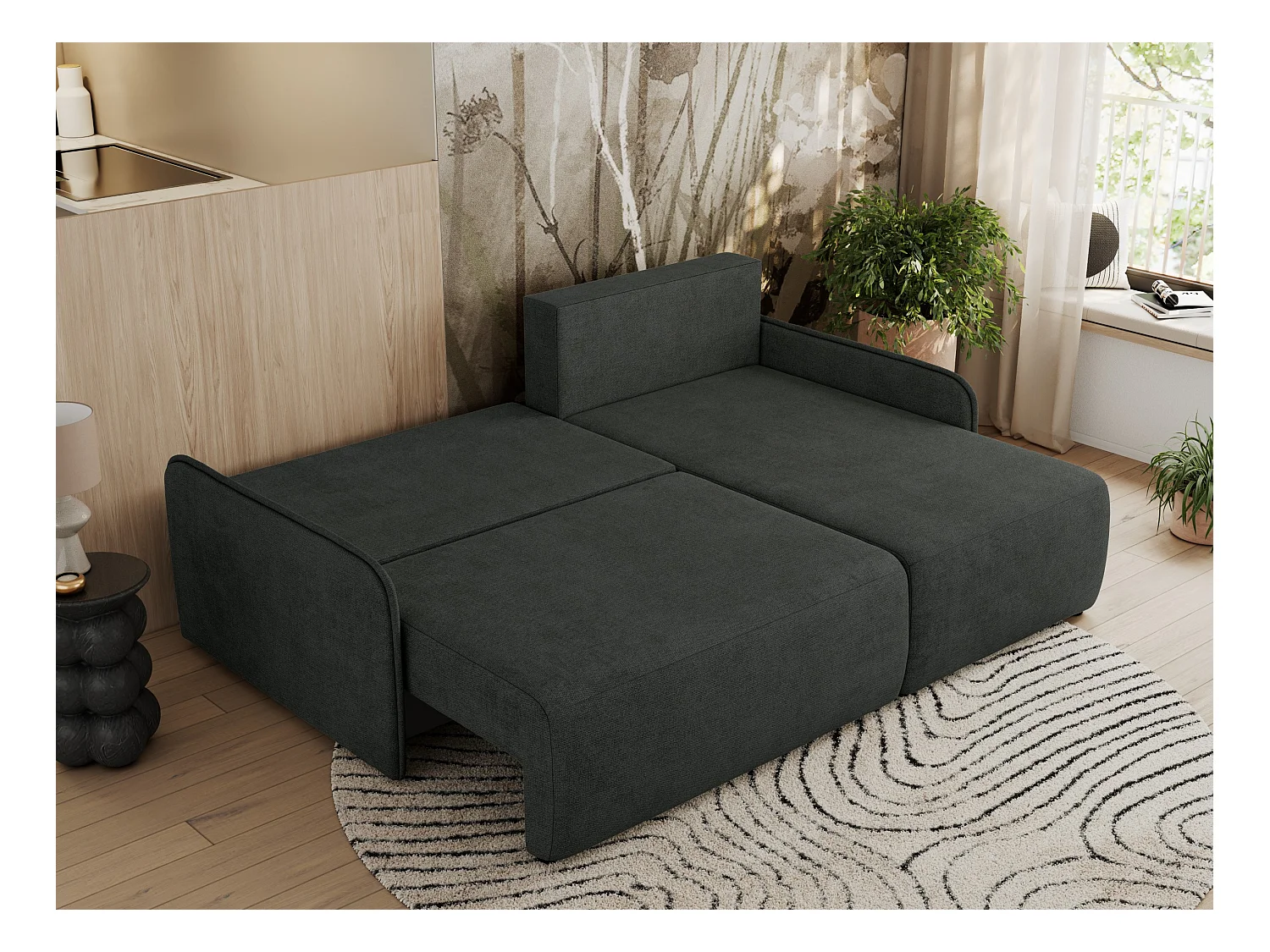 Ecksofa ARPA - L-form Schlaffsofa, Bettkasten und lose Kissen, Armlehnen - Dunkelgrau Struktur - Ecke Rechts