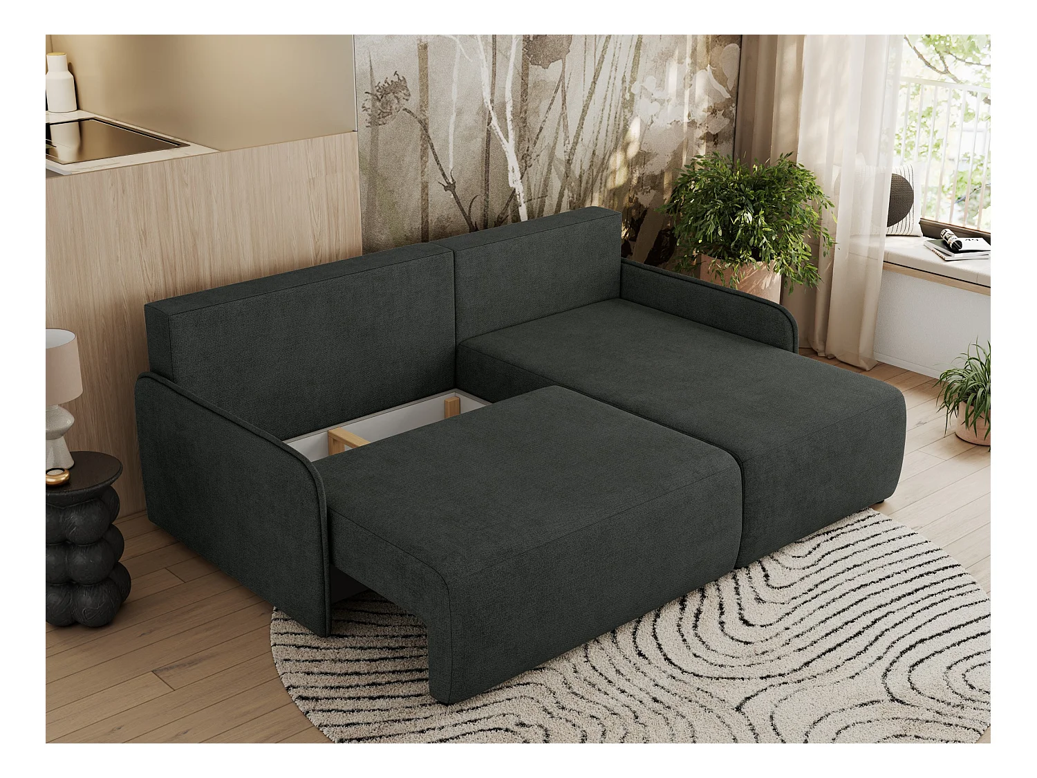 Ecksofa ARPA - L-form Schlaffsofa, Bettkasten und lose Kissen, Armlehnen - Dunkelgrau Struktur - Ecke Rechts