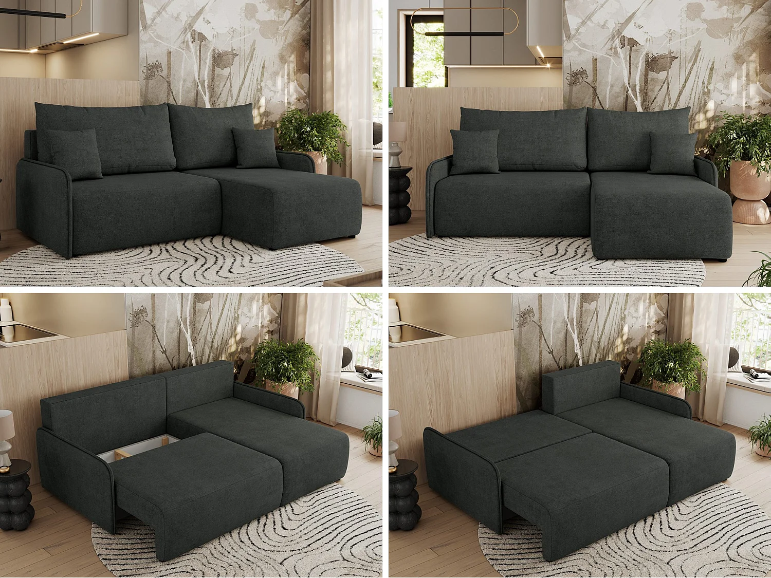 Ecksofa ARPA - L-form Schlaffsofa, Bettkasten und lose Kissen, Armlehnen - Dunkelgrau Struktur - Ecke Rechts