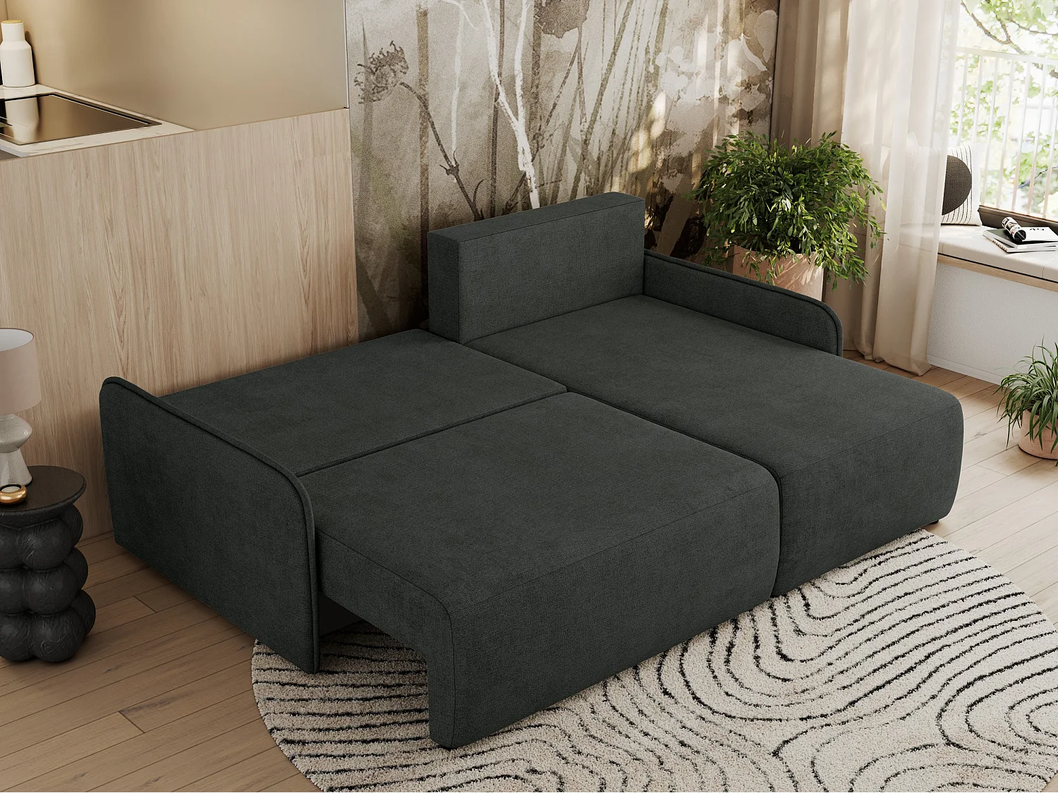 Ecksofa ARPA - L-form Schlaffsofa, Bettkasten und lose Kissen, Armlehnen - Dunkelgrau Struktur - Ecke Rechts