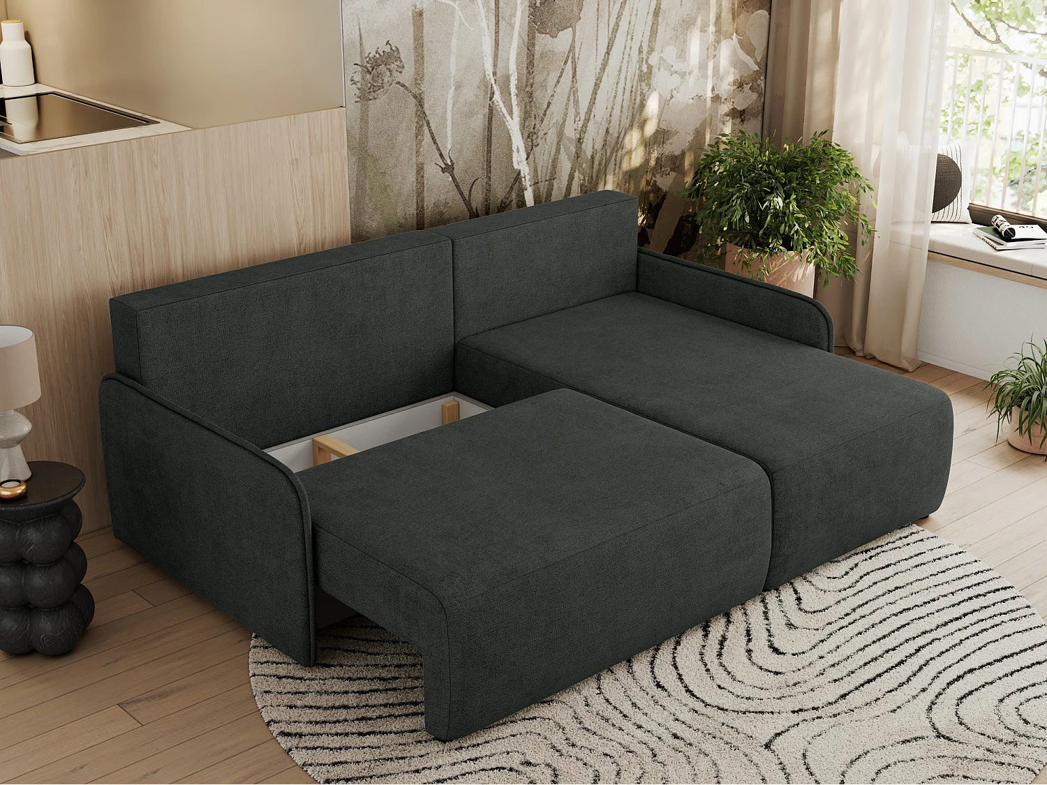 Ecksofa ARPA - L-form Schlaffsofa, Bettkasten und lose Kissen, Armlehnen - Dunkelgrau Struktur - Ecke Rechts