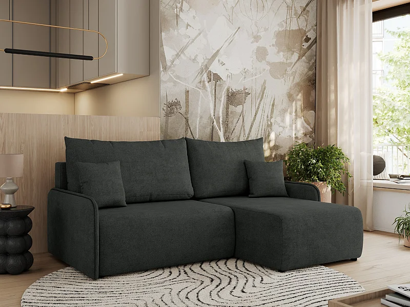 Ecksofa ARPA - L-form Schlaffsofa, Bettkasten und lose Kissen, Armlehnen - Dunkelgrau Struktur - Ecke Rechts