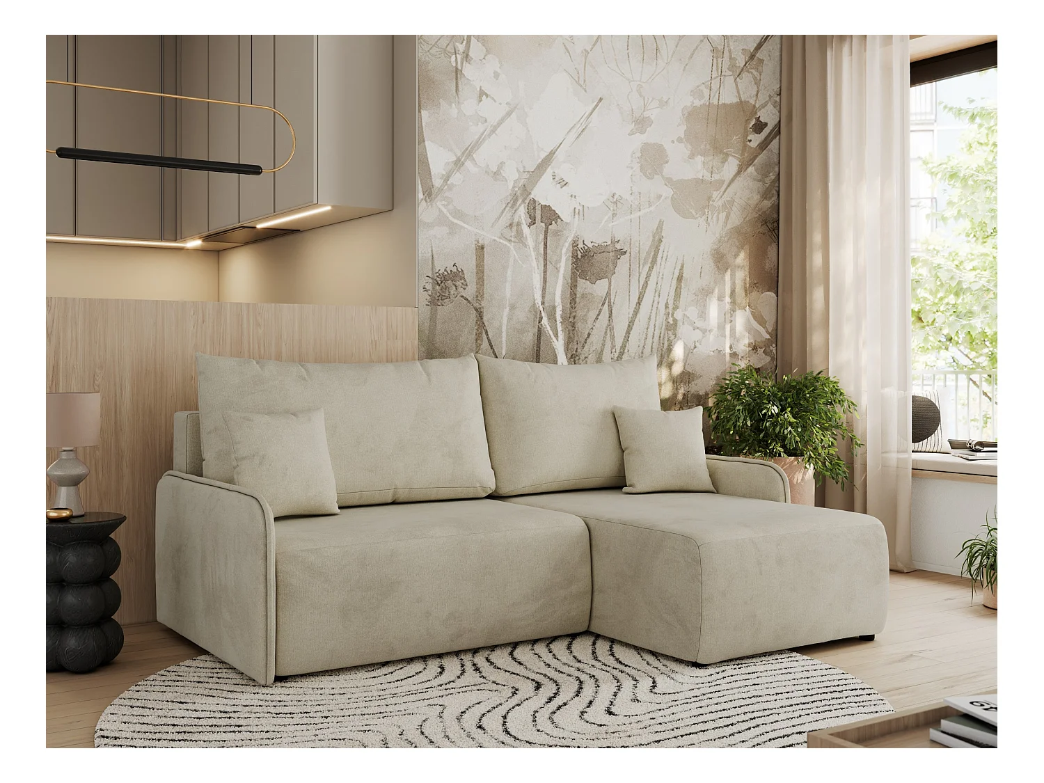 Ecksofa ARPA - L-form Schlaffsofa, Bettkasten und lose Kissen, Armlehnen - Beige Velvet - Ecke Rechts