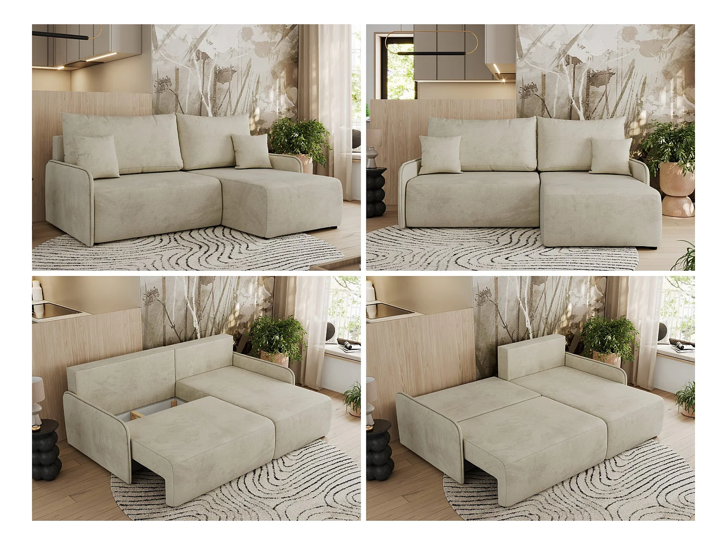 Ecksofa ARPA - L-form Schlaffsofa, Bettkasten und lose Kissen, Armlehnen - Beige Velvet - Ecke Rechts