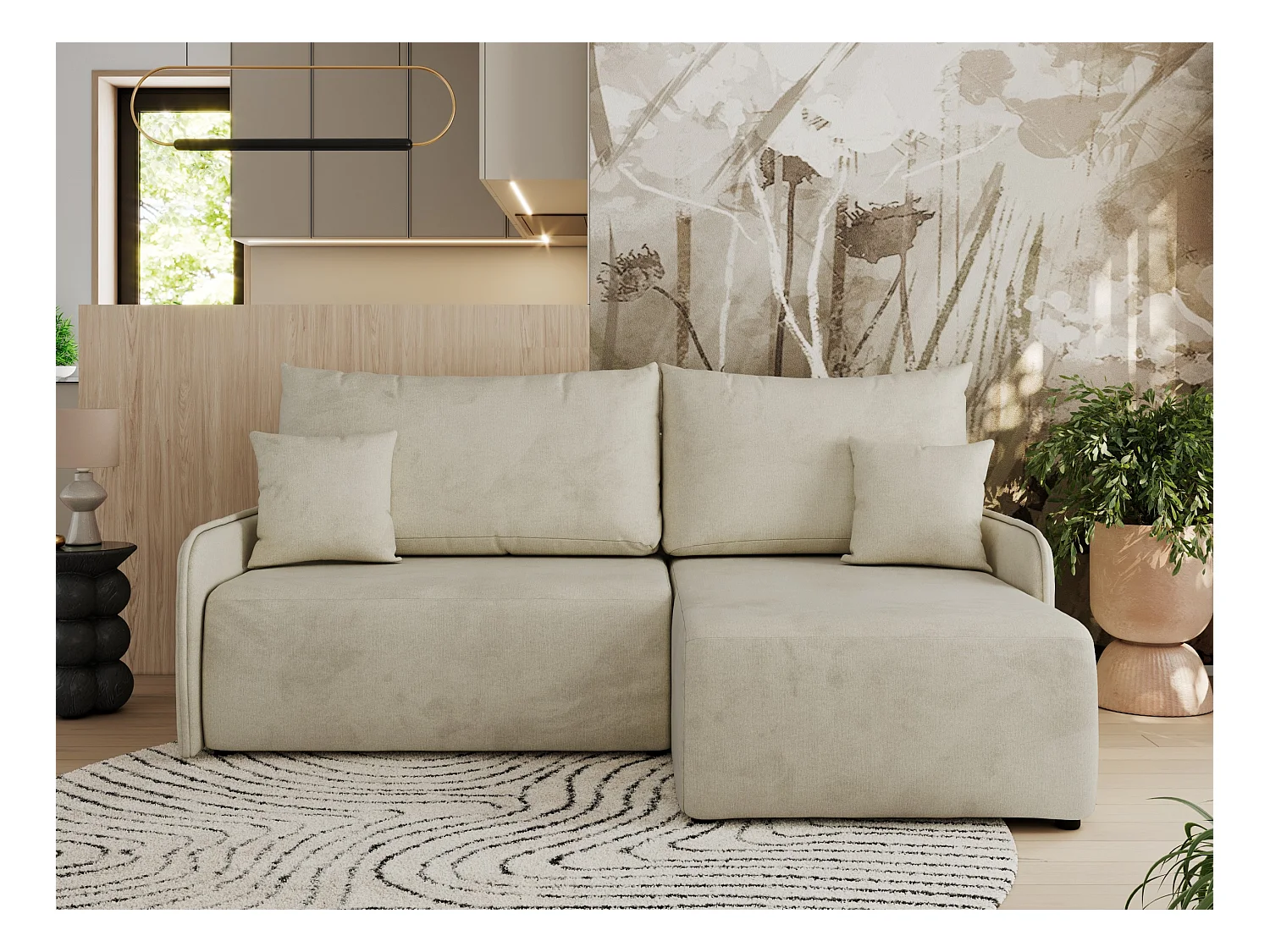 Ecksofa ARPA - L-form Schlaffsofa, Bettkasten und lose Kissen, Armlehnen - Beige Velvet - Ecke Rechts