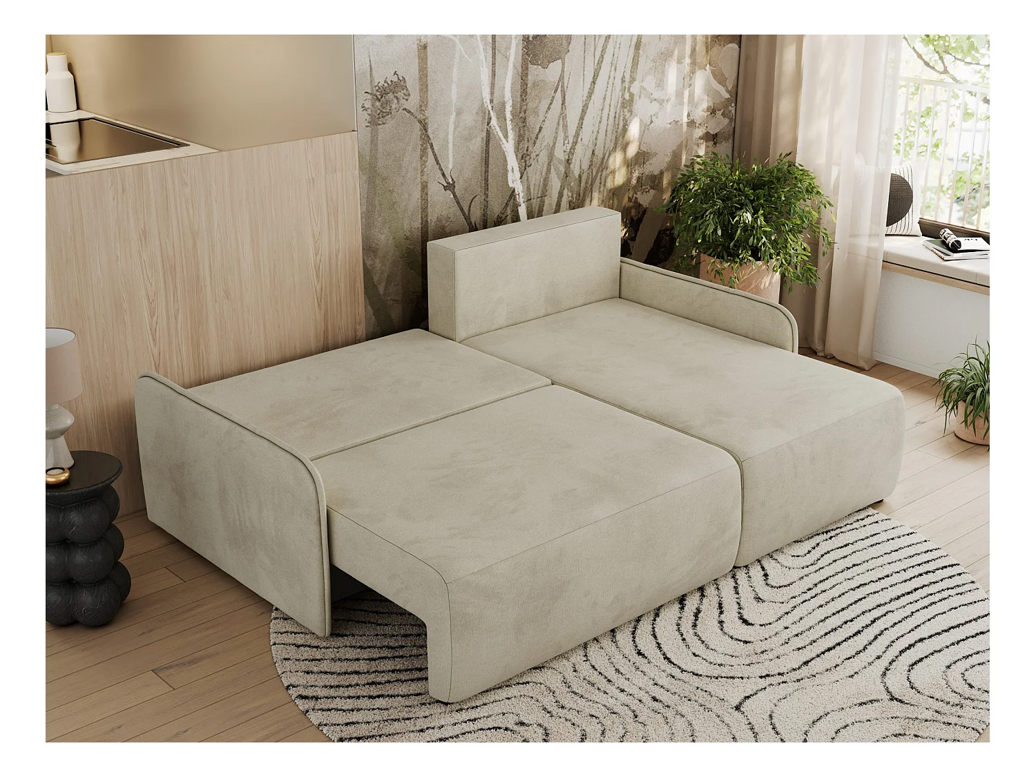Ecksofa ARPA - L-form Schlaffsofa, Bettkasten und lose Kissen, Armlehnen - Beige Velvet - Ecke Rechts