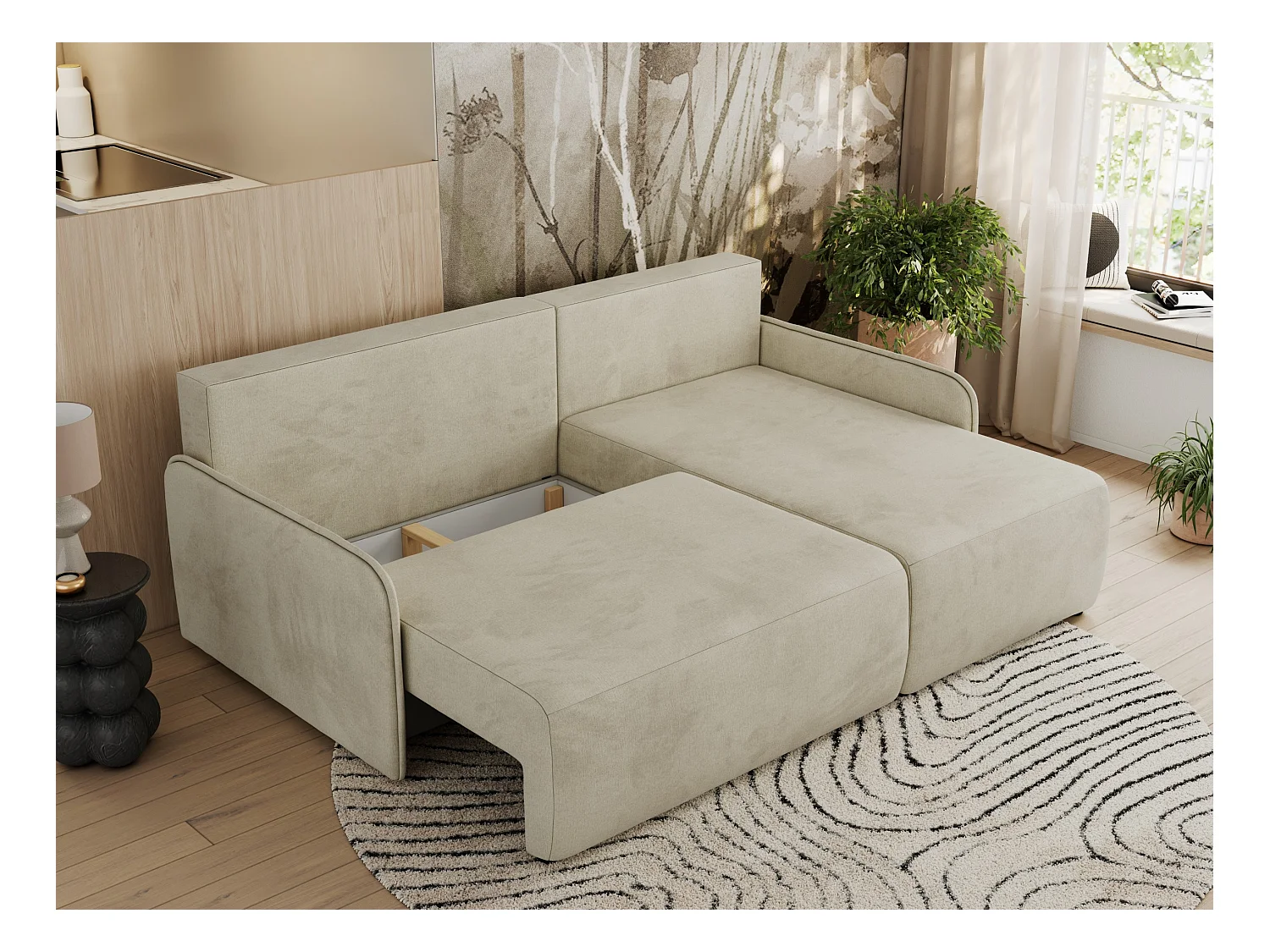 Ecksofa ARPA - L-form Schlaffsofa, Bettkasten und lose Kissen, Armlehnen - Beige Velvet - Ecke Rechts