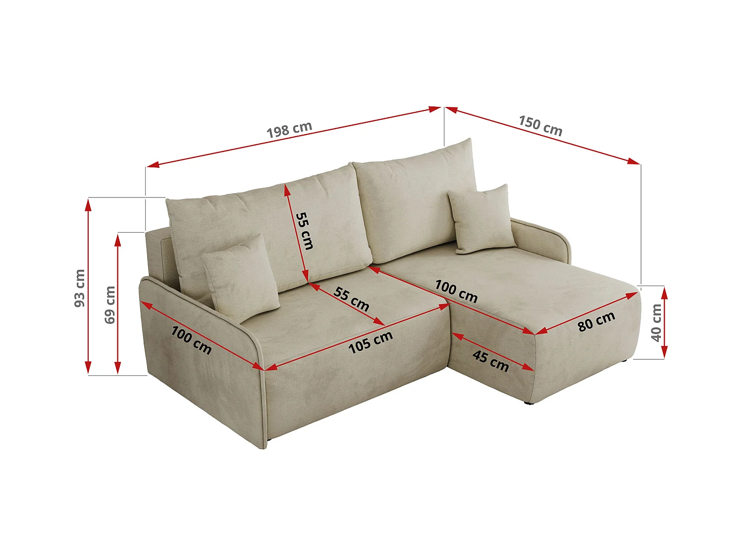 Ecksofa ARPA - L-form Schlaffsofa, Bettkasten und lose Kissen, Armlehnen - Beige Velvet - Ecke Rechts