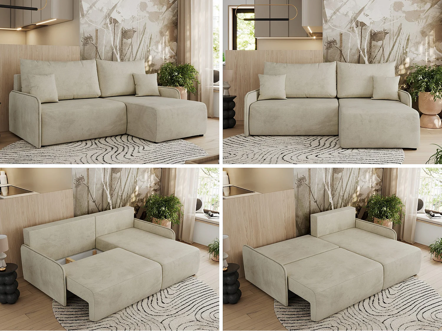 Ecksofa ARPA - L-form Schlaffsofa, Bettkasten und lose Kissen, Armlehnen - Beige Velvet - Ecke Rechts