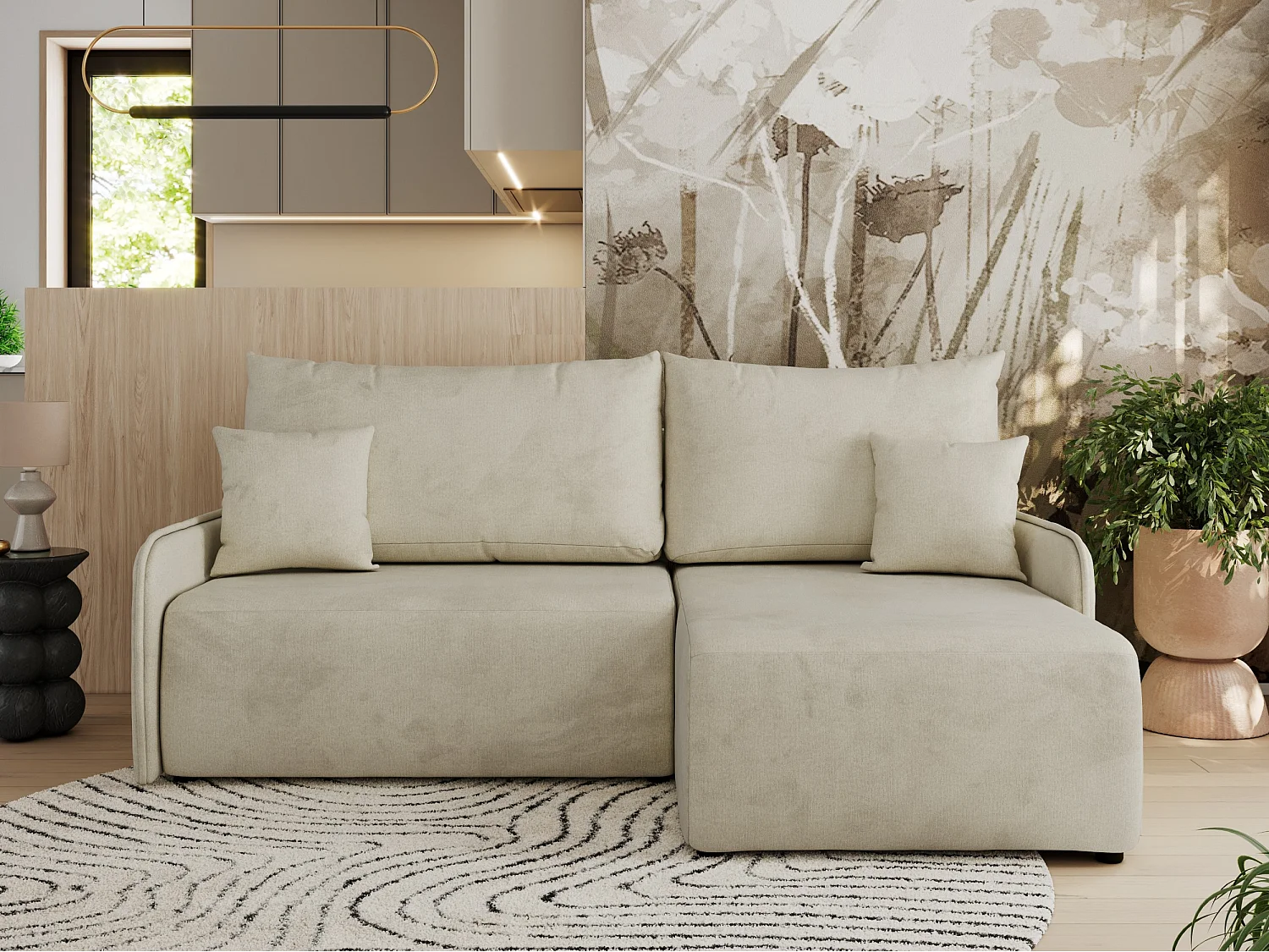 Ecksofa ARPA - L-form Schlaffsofa, Bettkasten und lose Kissen, Armlehnen - Beige Velvet - Ecke Rechts