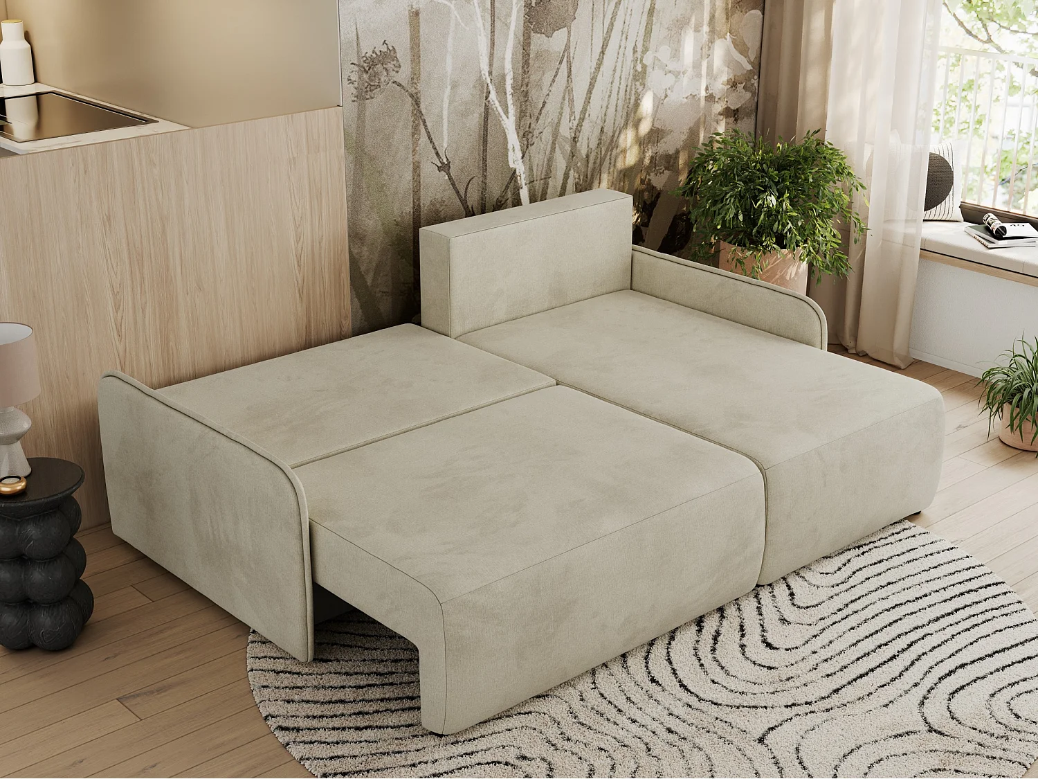 Ecksofa ARPA - L-form Schlaffsofa, Bettkasten und lose Kissen, Armlehnen - Beige Velvet - Ecke Rechts