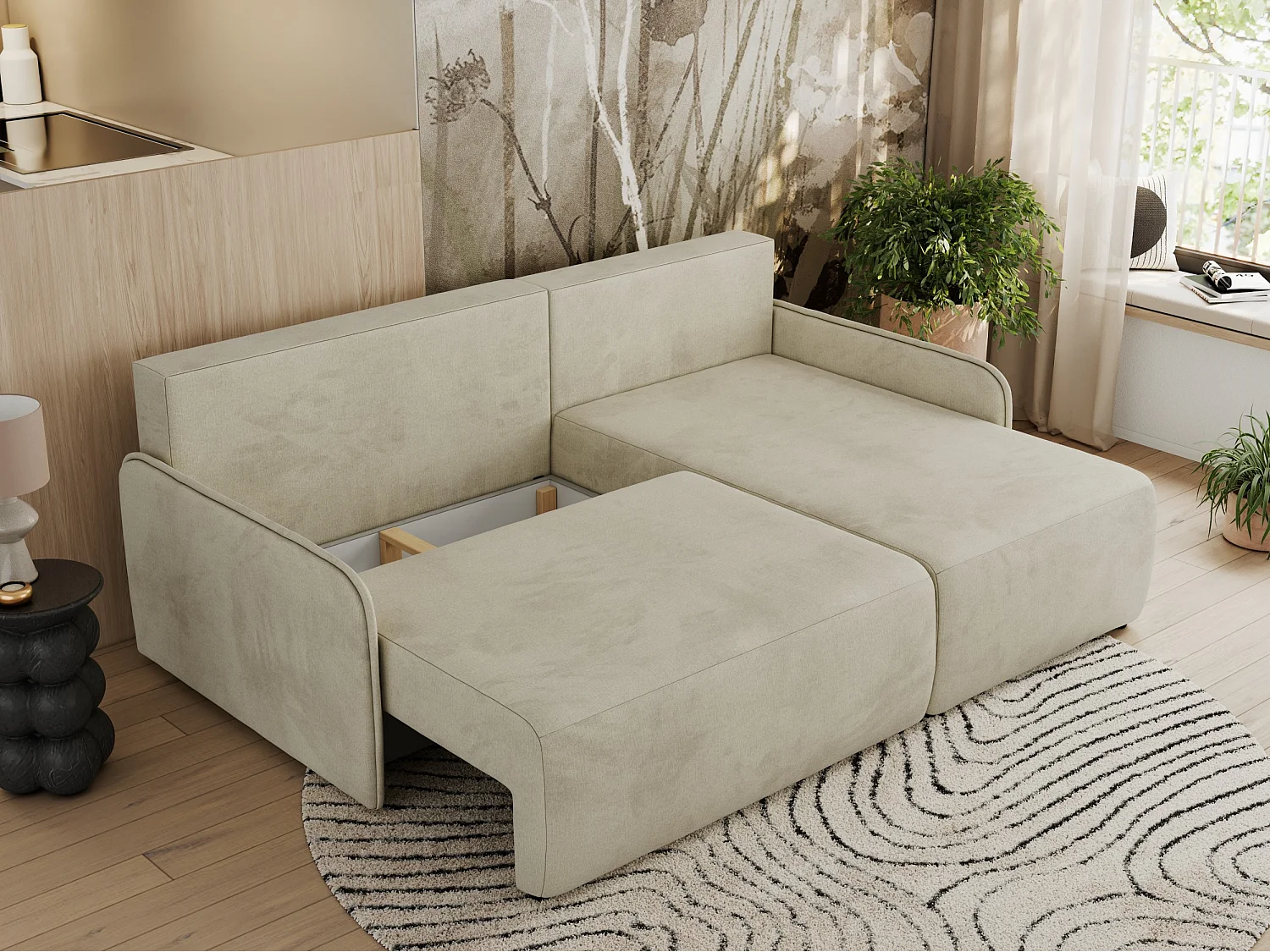 Ecksofa ARPA - L-form Schlaffsofa, Bettkasten und lose Kissen, Armlehnen - Beige Velvet - Ecke Rechts
