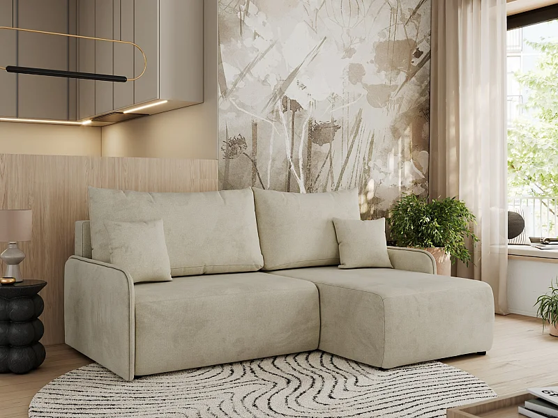 Ecksofa ARPA - L-form Schlaffsofa, Bettkasten und lose Kissen, Armlehnen - Beige Velvet - Ecke Rechts