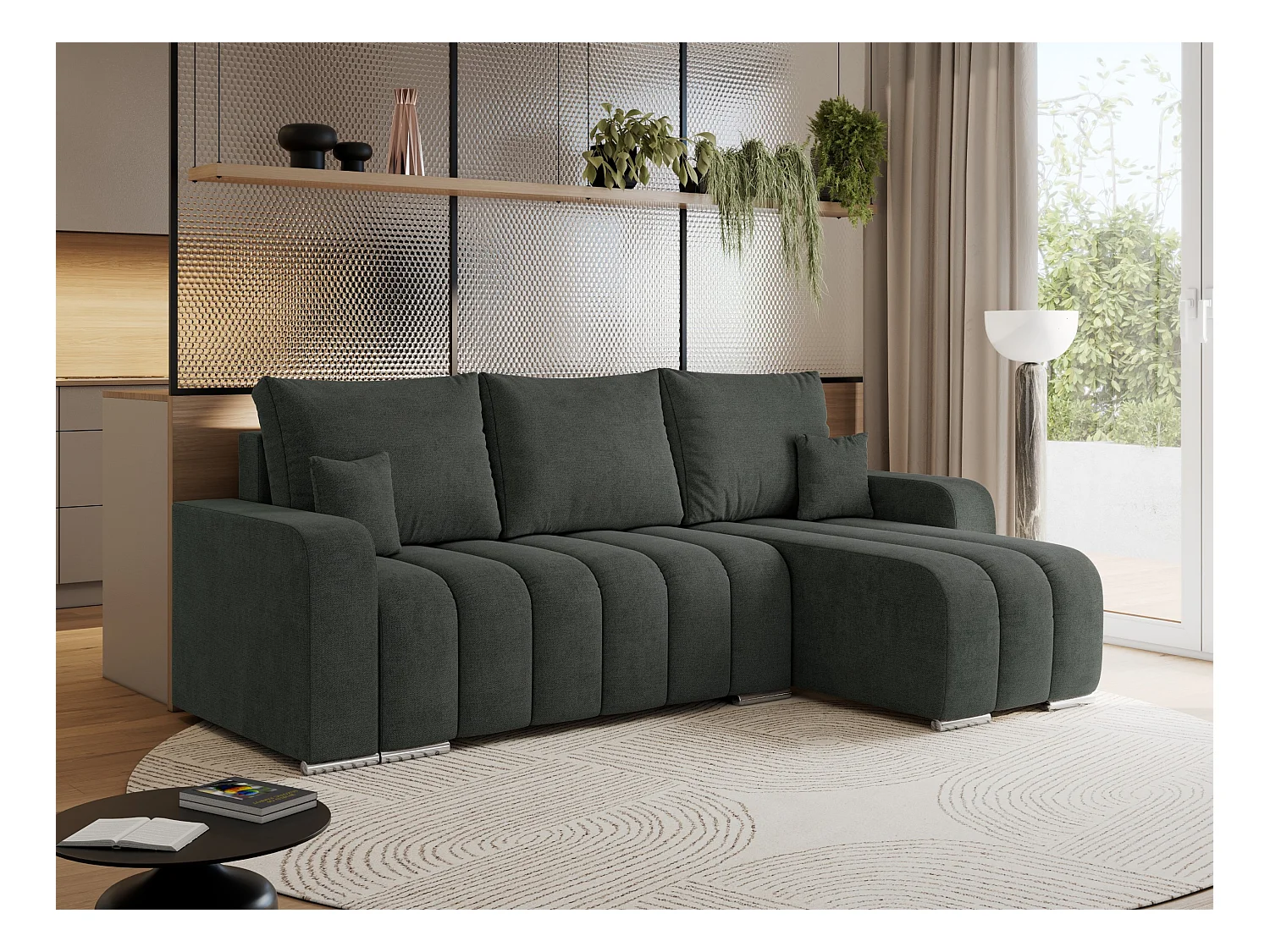 Ecksofa KIRASSO - universelles mit Schlaffunktion und Bettkasten, lose Kissen, Armlehnen - Dunkelgrau Stukture
