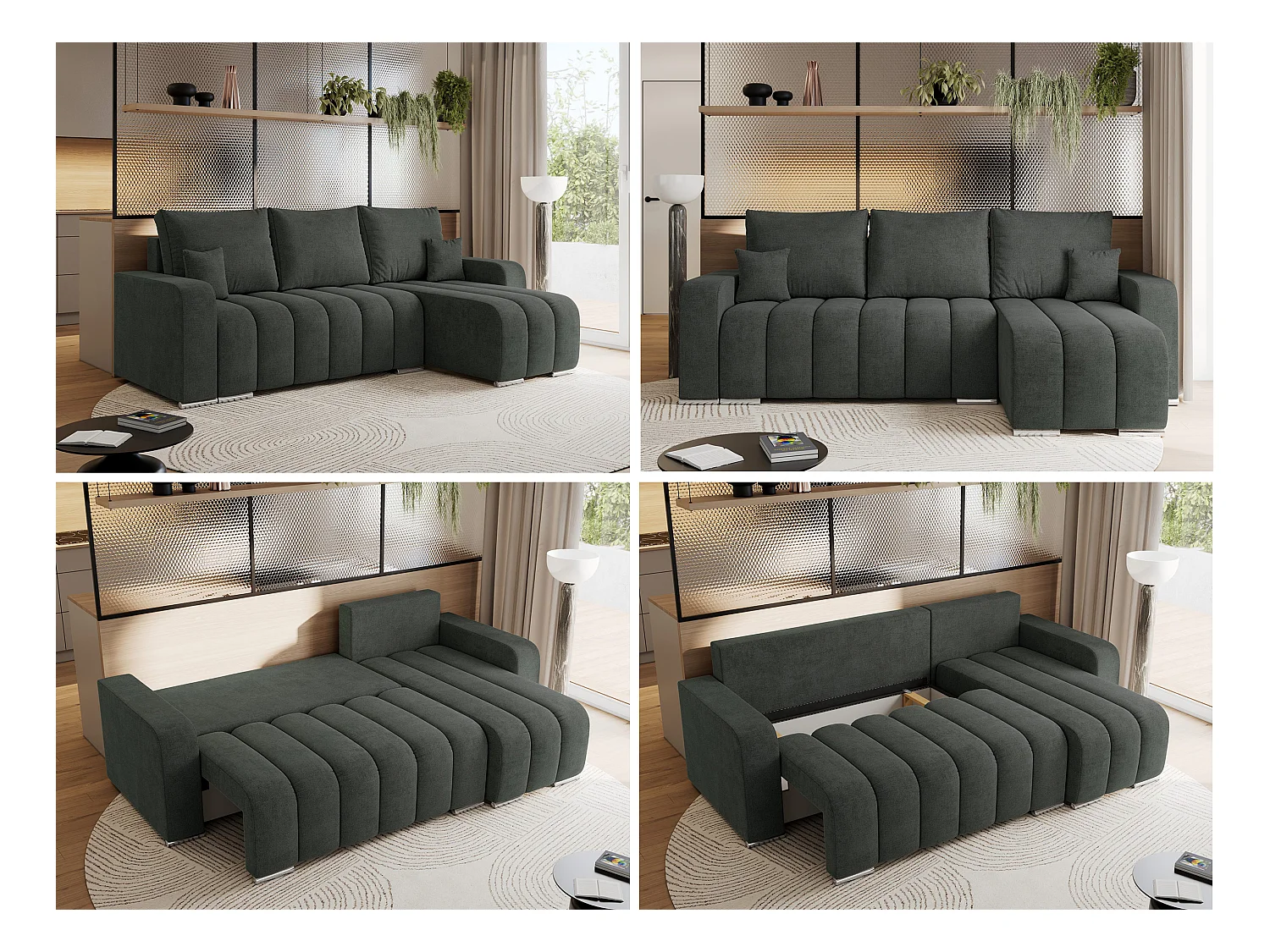 Ecksofa KIRASSO - universelles mit Schlaffunktion und Bettkasten, lose Kissen, Armlehnen - Dunkelgrau Stukture