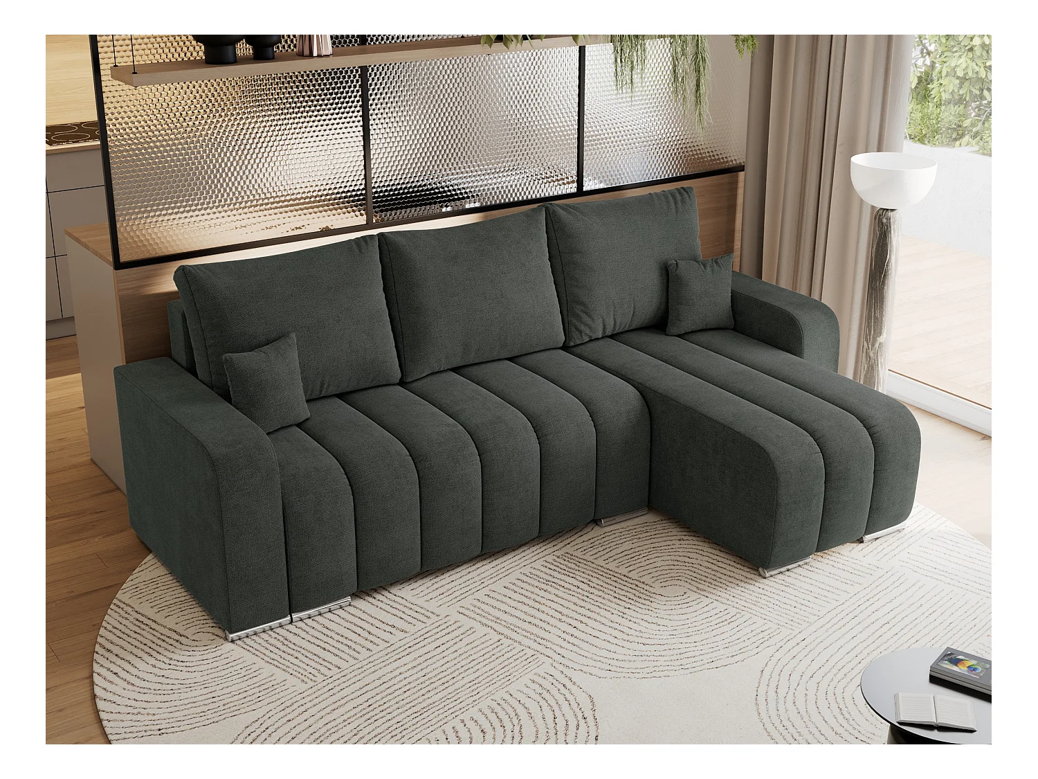 Ecksofa KIRASSO - universelles mit Schlaffunktion und Bettkasten, lose Kissen, Armlehnen - Dunkelgrau Stukture