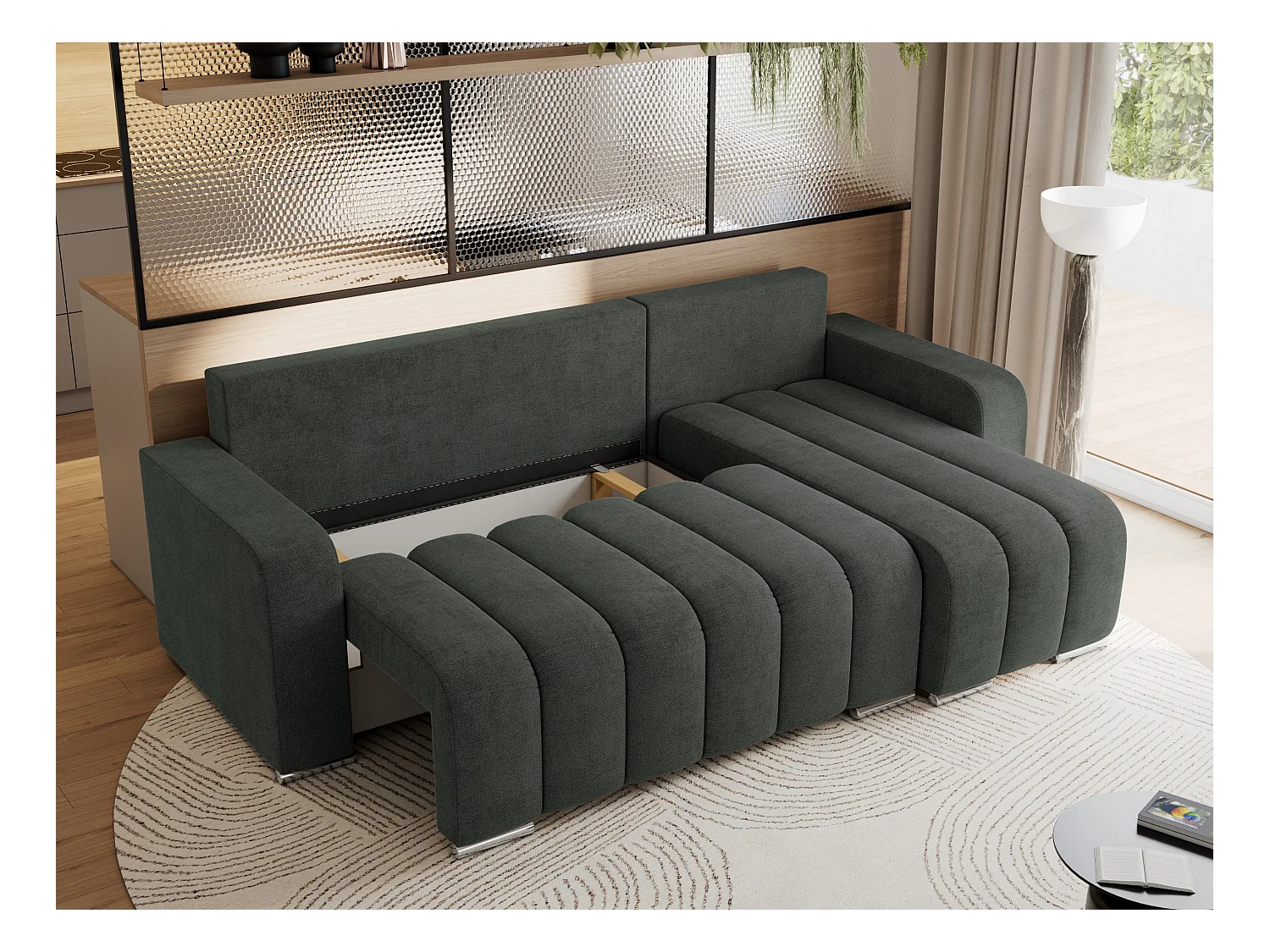 Ecksofa KIRASSO - universelles mit Schlaffunktion und Bettkasten, lose Kissen, Armlehnen - Dunkelgrau Stukture