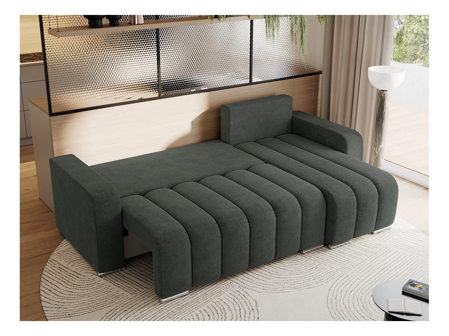 Ecksofa KIRASSO - universelles mit Schlaffunktion und Bettkasten, lose Kissen, Armlehnen - Dunkelgrau Stukture