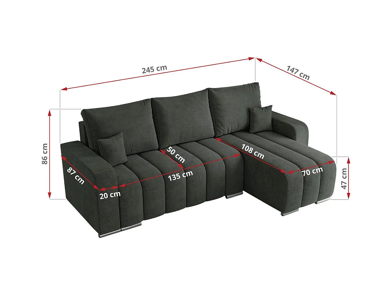 Ecksofa KIRASSO - universelles mit Schlaffunktion und Bettkasten, lose Kissen, Armlehnen - Dunkelgrau Stukture