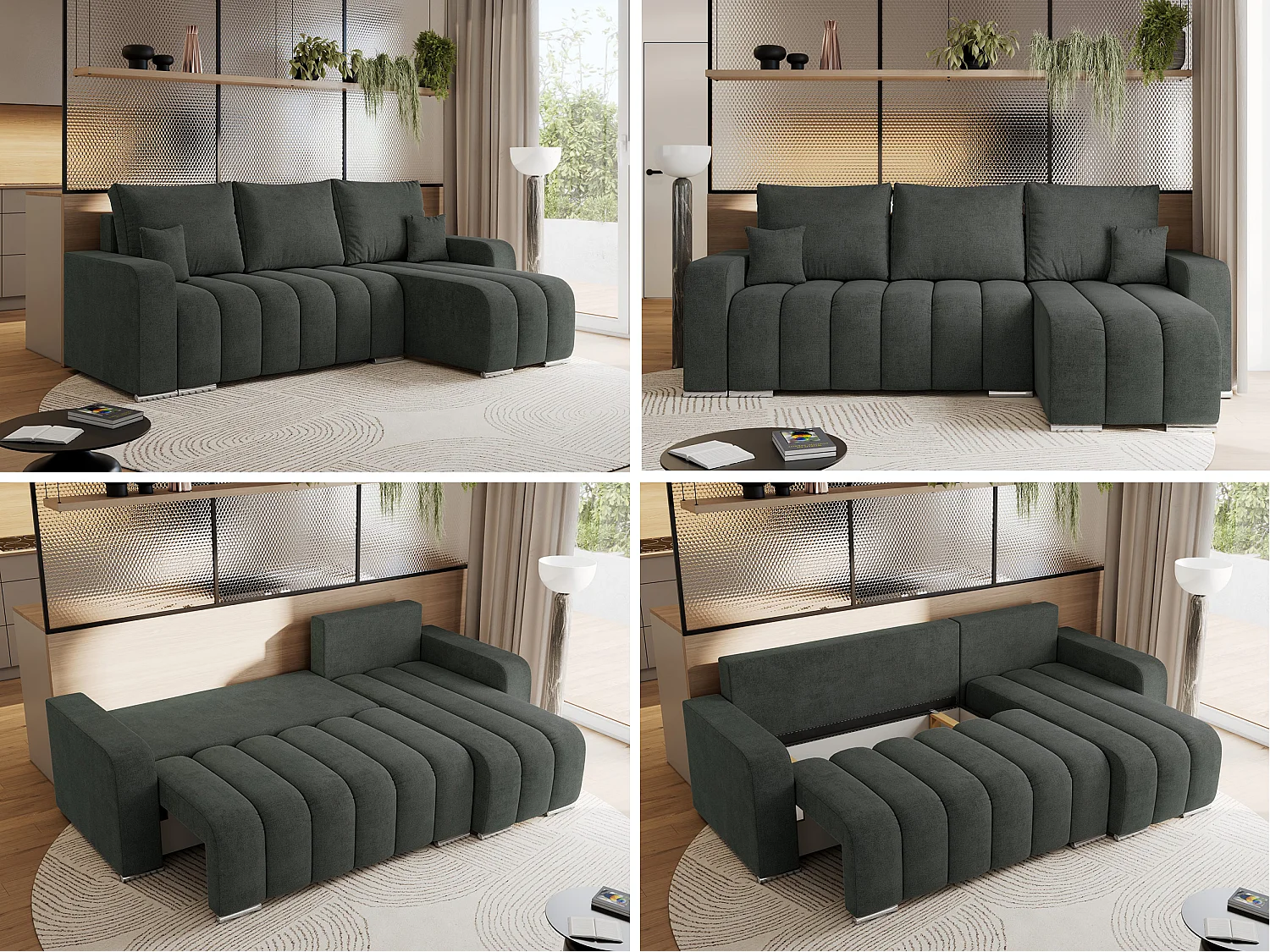 Ecksofa KIRASSO - universelles mit Schlaffunktion und Bettkasten, lose Kissen, Armlehnen - Dunkelgrau Stukture